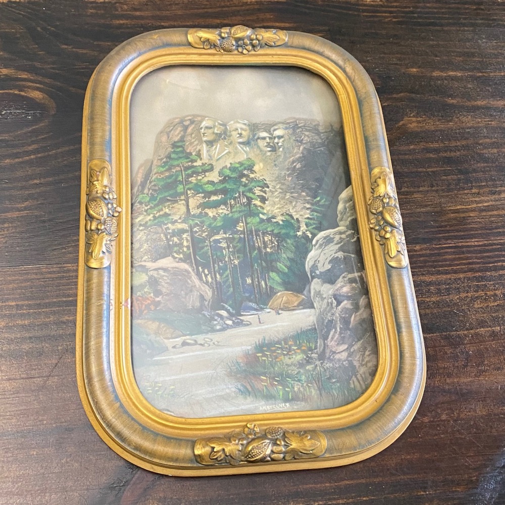 Antique Curved Bubble Convex Glass Gold Picture Frame Mount Rushmore Print